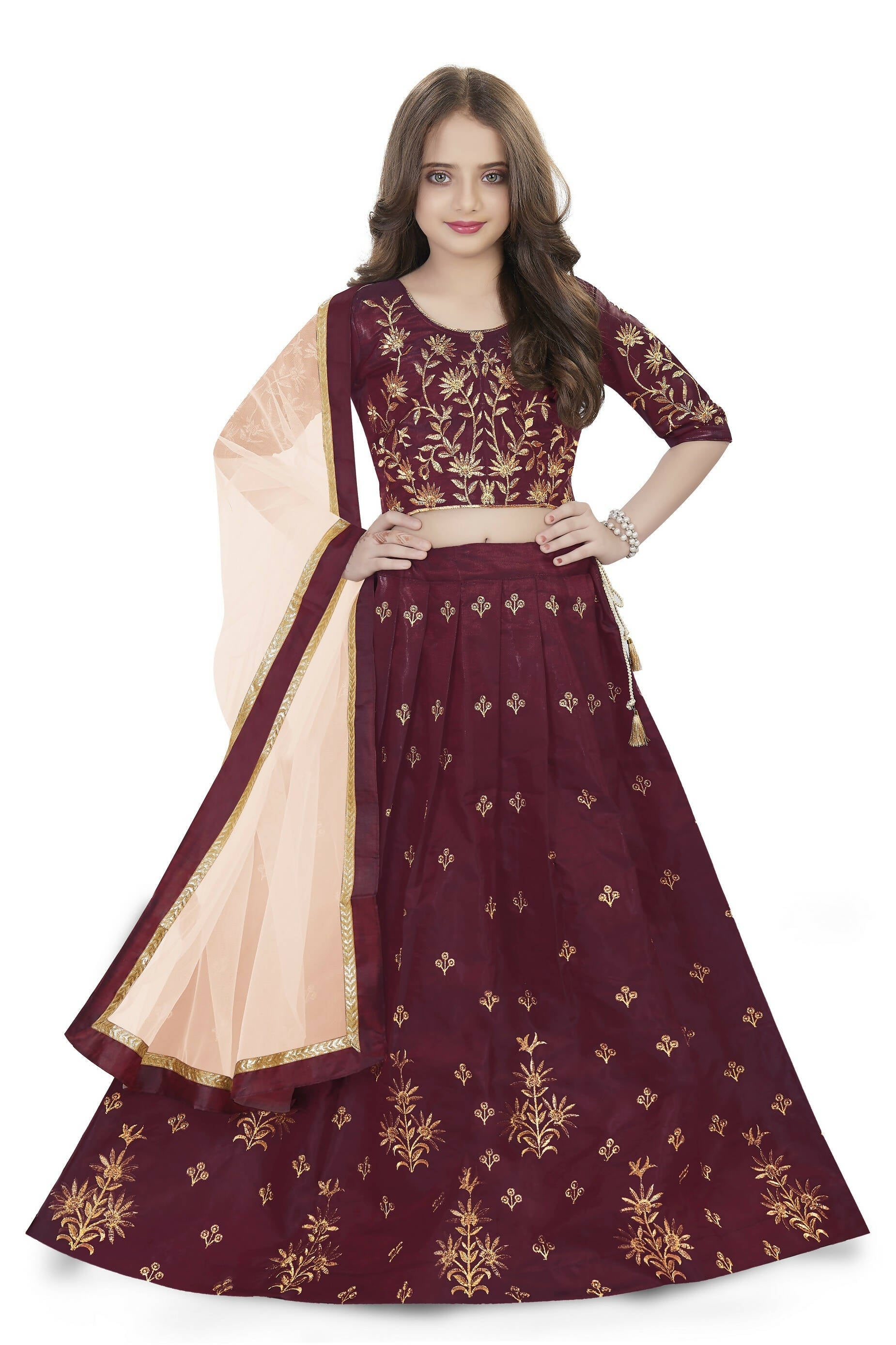 Dwiden Maroon Rohini Tafetta Sattin Semi-Stitched Girl's Lehenga Choli | Grocsy
