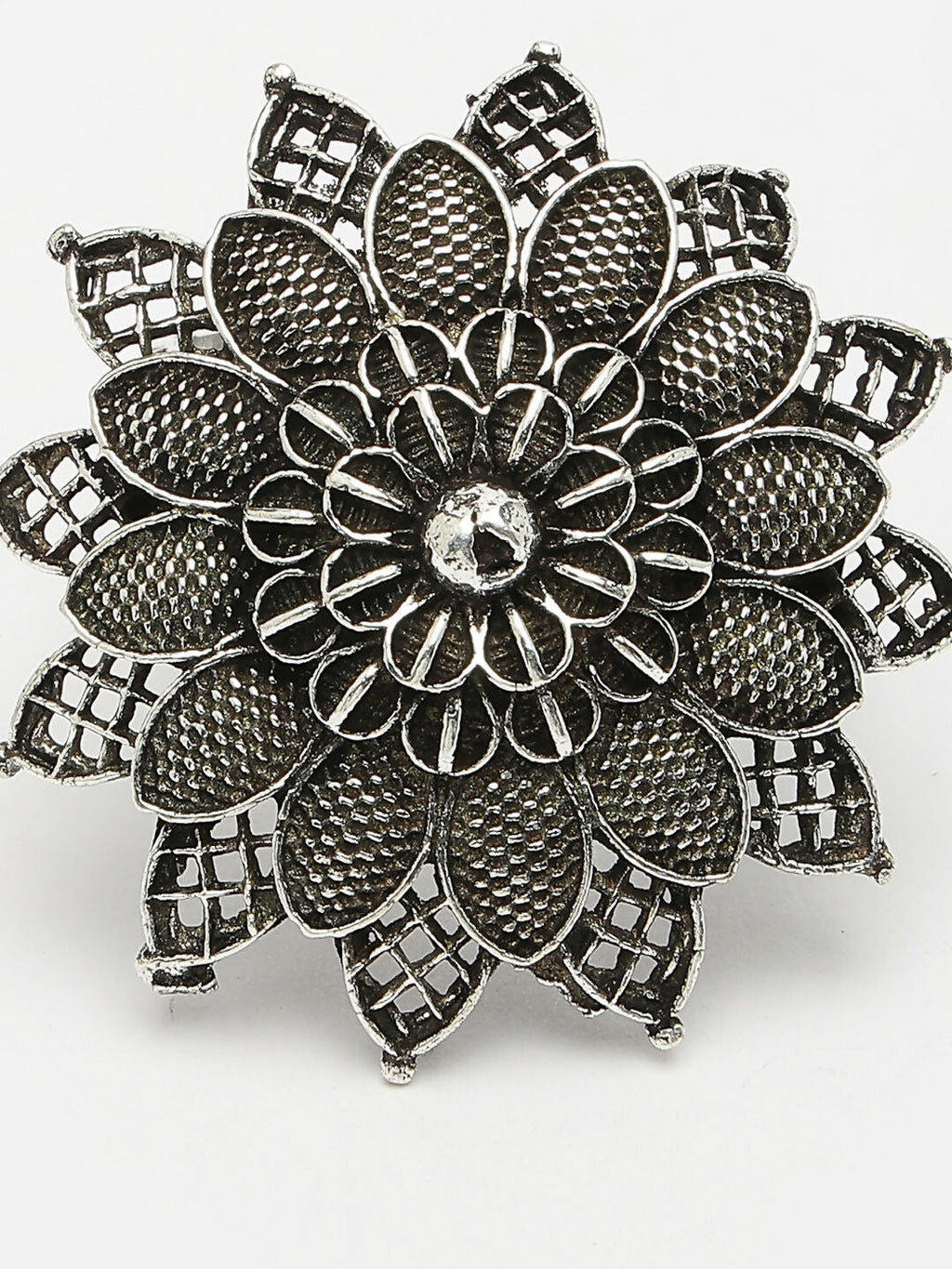 NVR Women's Silver-Toned Floral Shape Adjustable Finger Ring | Grocsy