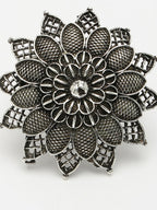 NVR Women's Silver-Toned Floral Shape Adjustable Finger Ring | Grocsy