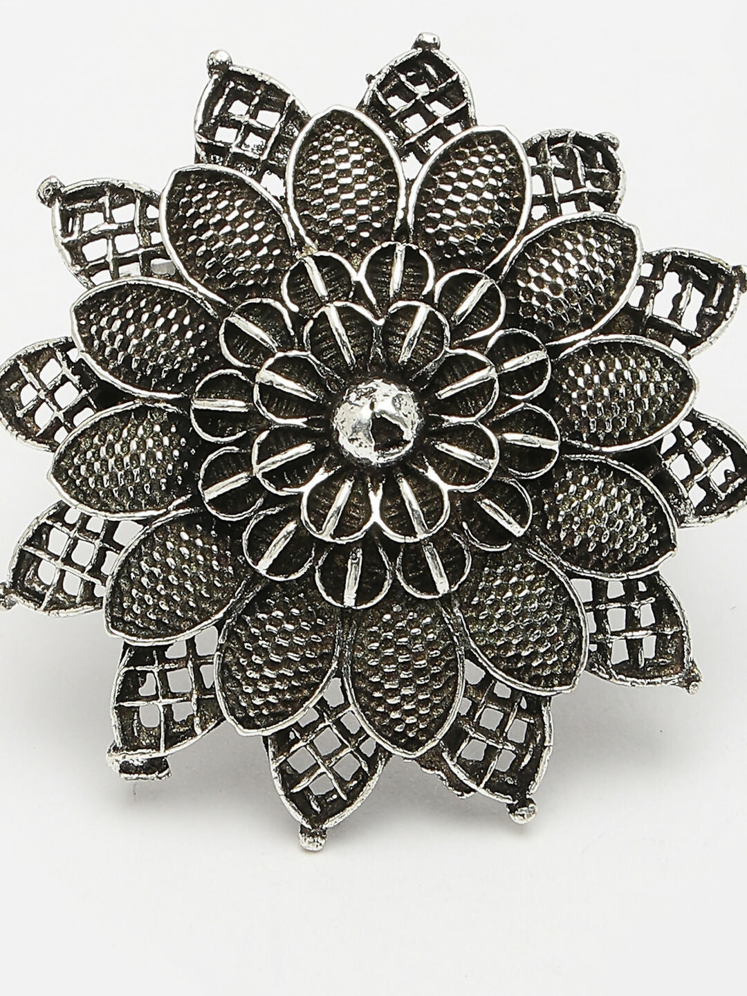 NVR Women's Silver-Toned Floral Shape Adjustable Finger Ring | Grocsy