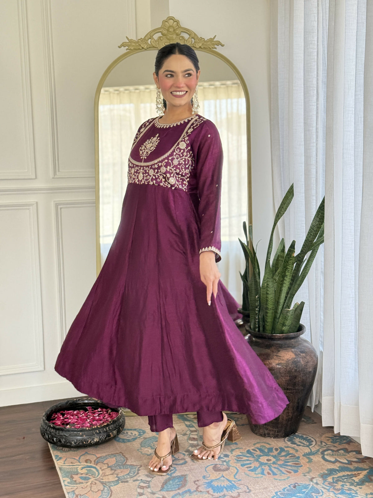 The52 Purple Women's Gorgeous Embroidered Vichitra Silk Fabric Flared Kurta Pant with Dupatta Set | Grocsy