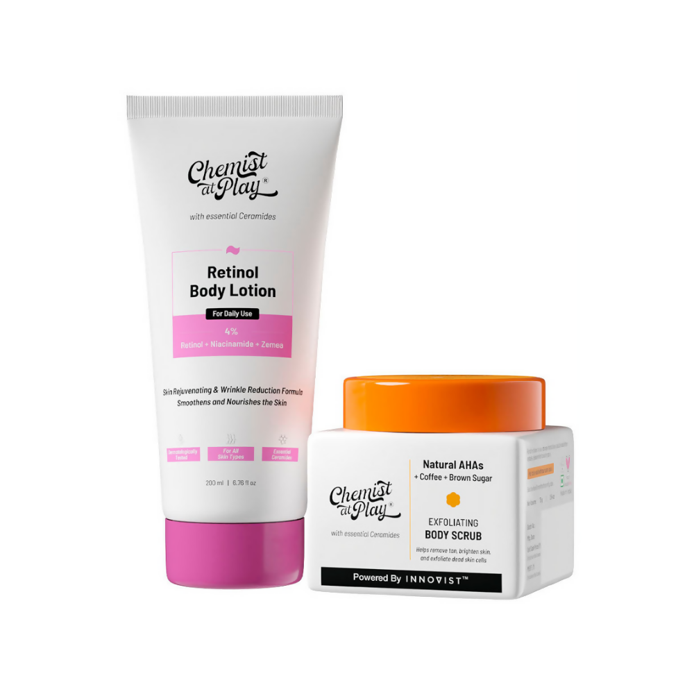 Chemist At Play Retinol Anti-Aging Body Lotion + Exfoliating Body Scrub Combo | Grocsy