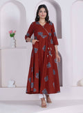 Miravan Womens Rust Floral Printed Pure Cotton Gota Patti Angrakha Kurta | Grocsy