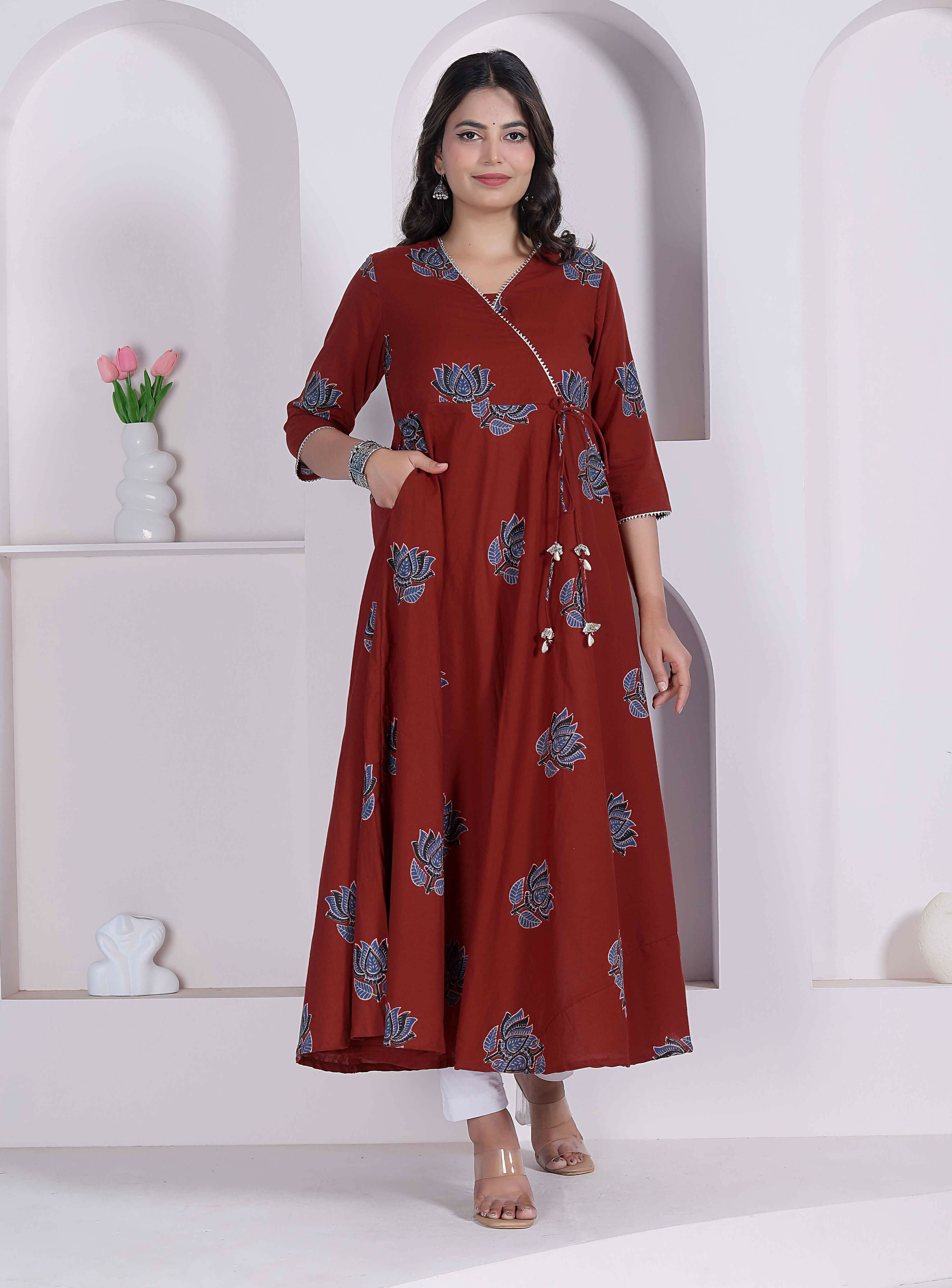 Miravan Womens Rust Floral Printed Pure Cotton Gota Patti Angrakha Kurta | Grocsy