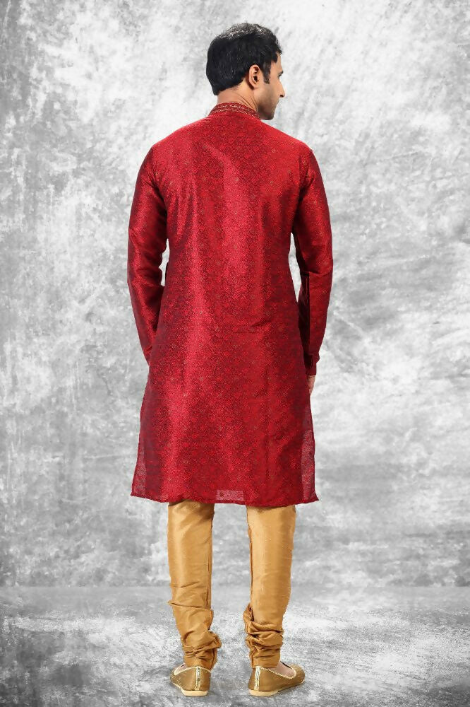 Raivat Ethnic Jacquard Silk Brocade Mirror and Thread Work Kurta Pajama In Maroon Colour | Grocsy