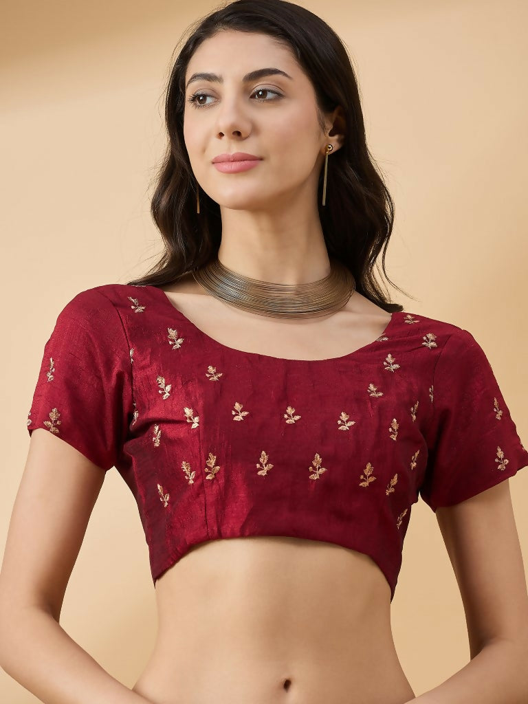 Maroon Silk Blend Embroidered Saree with Unstitched Blouse - Vairagi | Grocsy