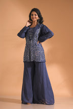 Morchari 3Pc Palazzo Set With Hand Embroidery - Blue | Grocsy