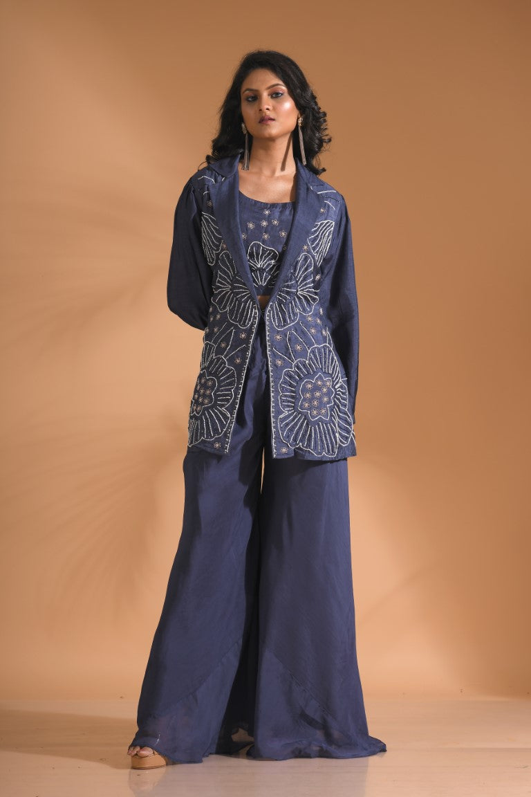Morchari 3Pc Palazzo Set With Hand Embroidery - Blue | Grocsy