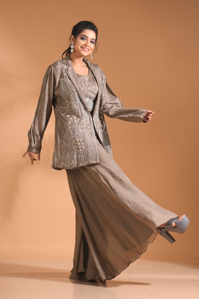 Morchari 3Pc Palazzo Set With Hand Embroidery - Blue | Grocsy