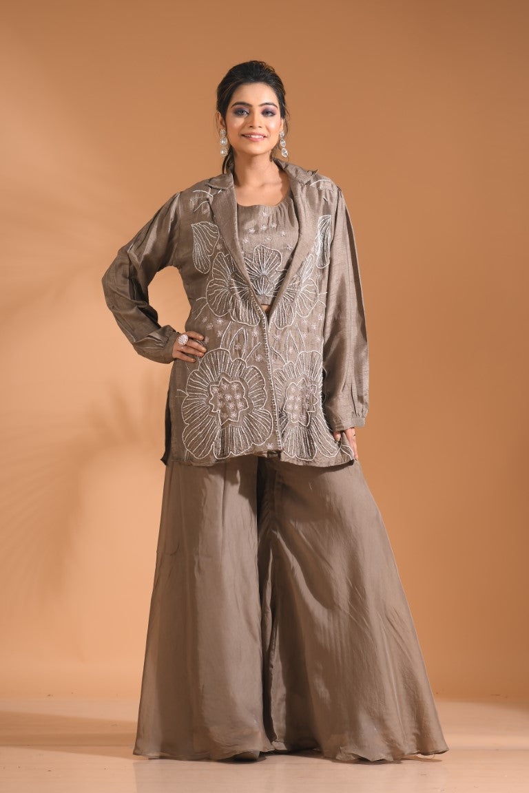 Morchari 3Pc Palazzo Set With Hand Embroidery - Blue | Grocsy