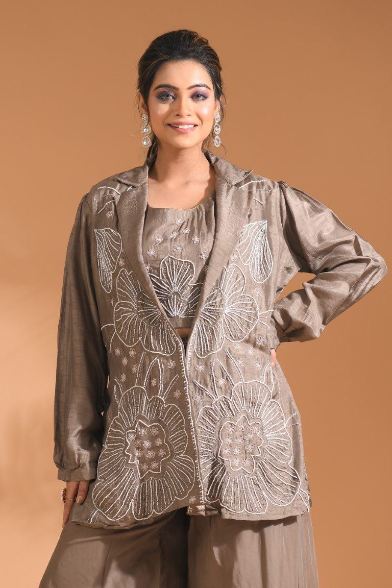 Morchari 3Pc Palazzo Set With Hand Embroidery - Blue | Grocsy