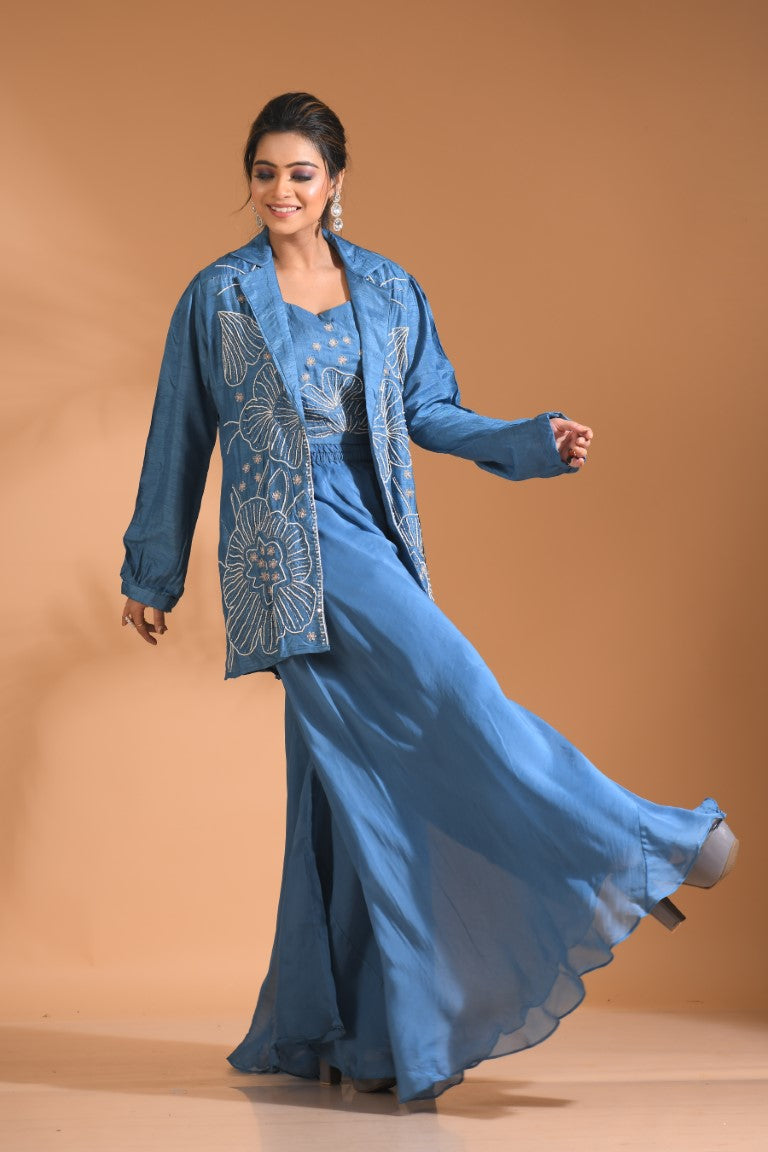 Morchari 3Pc Palazzo Set With Hand Embroidery - Beige | Grocsy