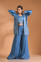 Morchari 3Pc Palazzo Set With Hand Embroidery - Beige | Grocsy