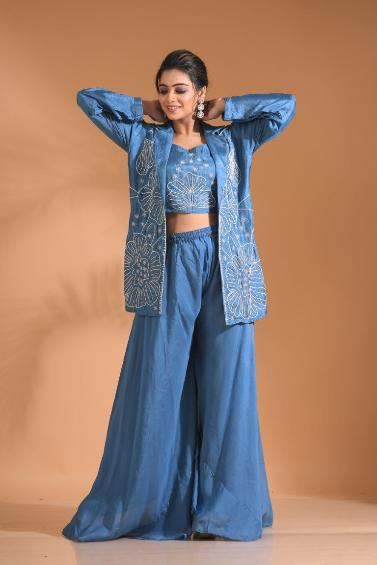 Morchari 3Pc Palazzo Set With Hand Embroidery - Beige | Grocsy