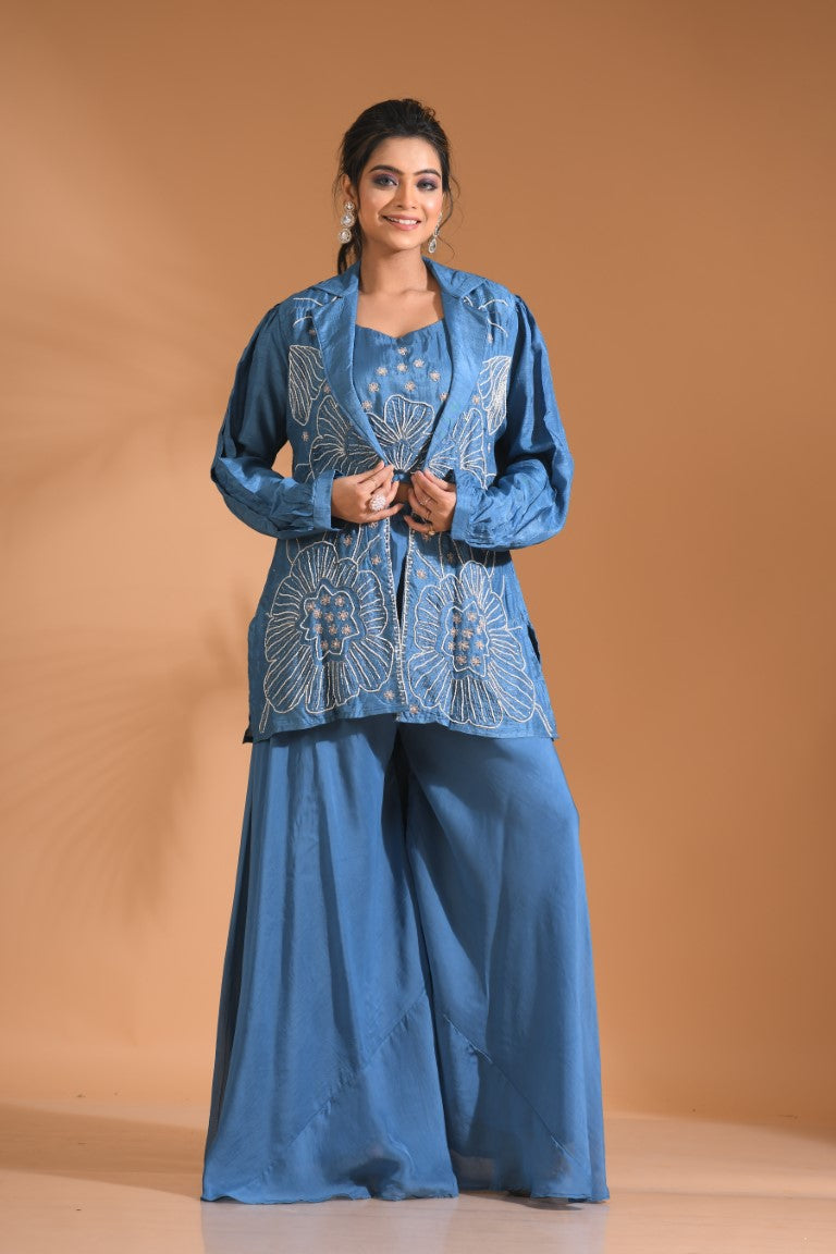 Morchari 3Pc Palazzo Set With Hand Embroidery - Beige | Grocsy