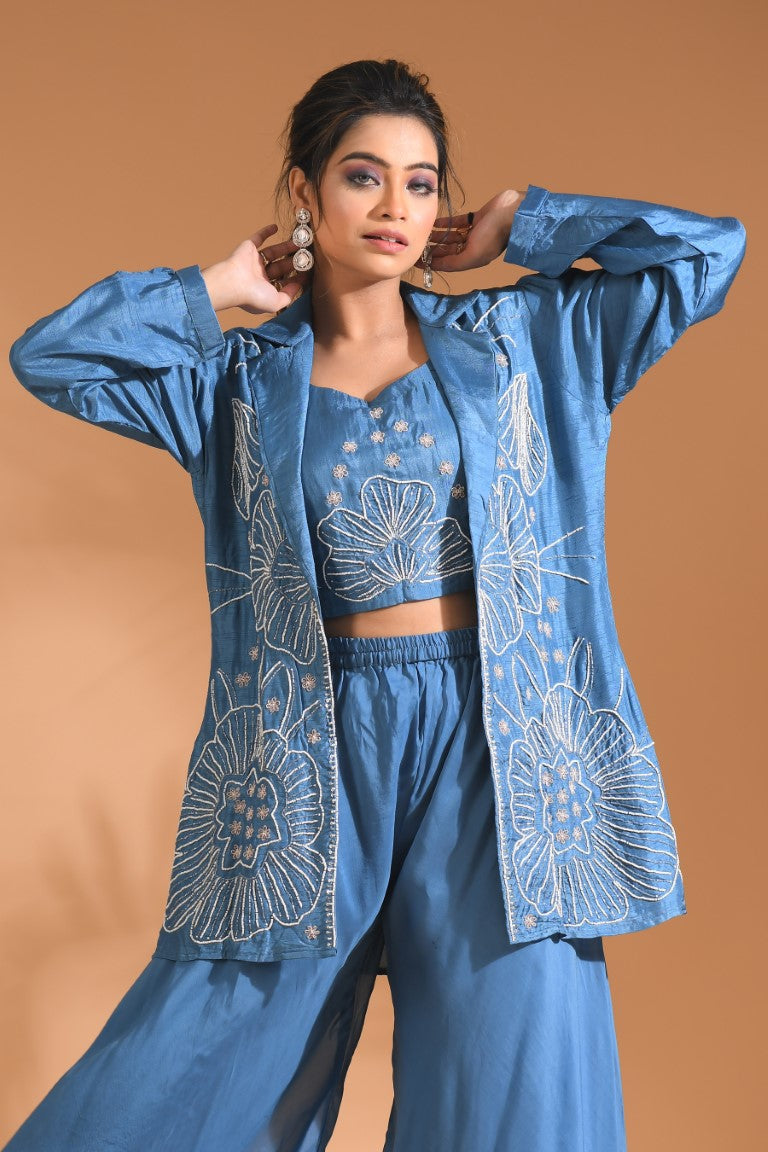 Morchari 3Pc Palazzo Set With Hand Embroidery - Beige | Grocsy