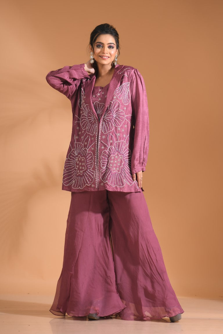 Morchari 3Pc Palazzo Set With Hand Embroidery - Purple | Grocsy