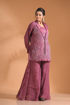 Morchari 3Pc Palazzo Set With Hand Embroidery - Purple | Grocsy