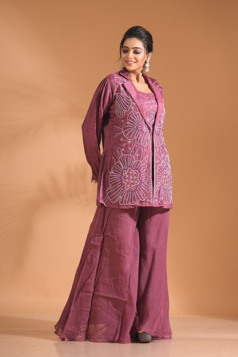 Morchari 3Pc Palazzo Set With Hand Embroidery - Purple | Grocsy