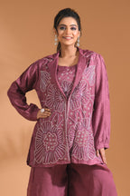 Morchari 3Pc Palazzo Set With Hand Embroidery - Purple | Grocsy