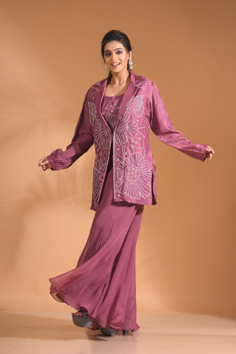 Morchari 3Pc Palazzo Set With Hand Embroidery - Purple | Grocsy