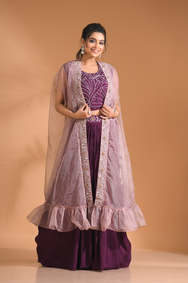 Morchari Co Ord Set With Long Jacket Hand Embroidery - Blue | Grocsy
