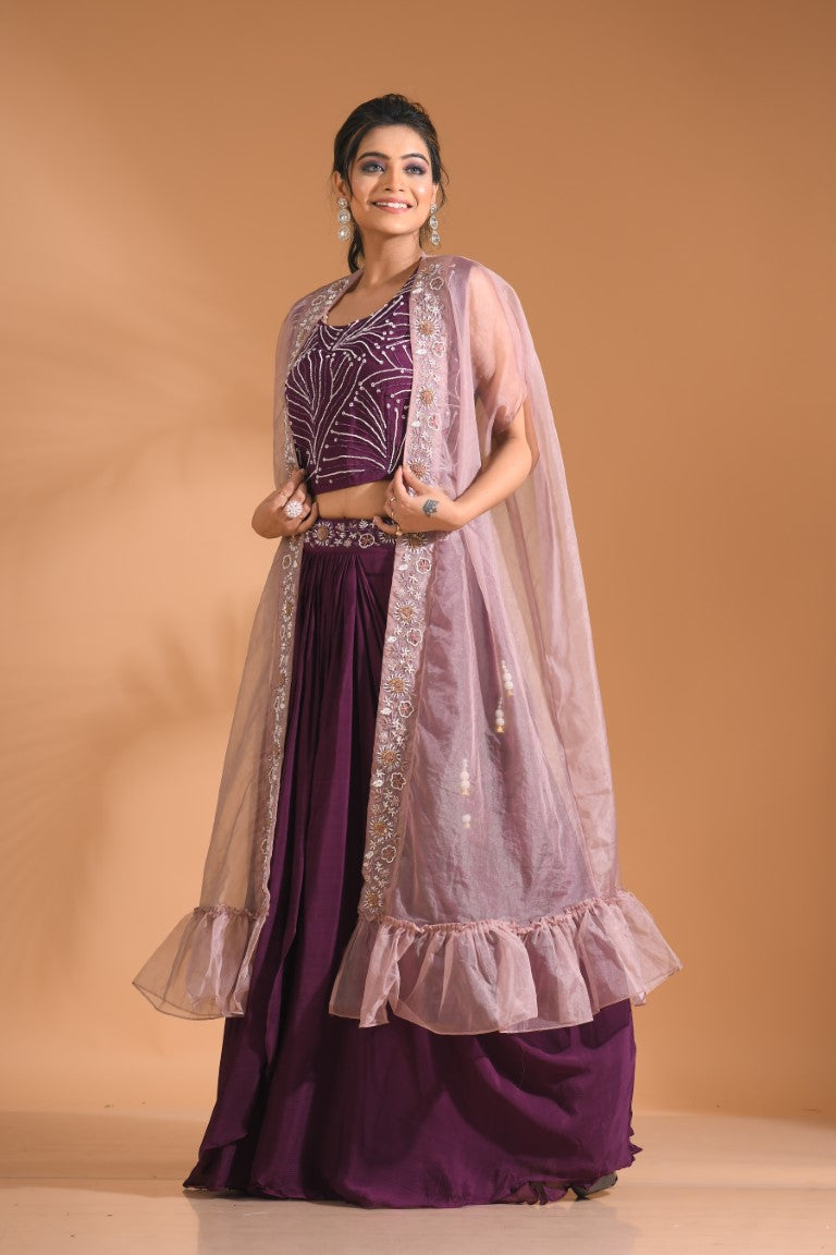 Morchari Co Ord Set With Long Jacket Hand Embroidery - Blue | Grocsy