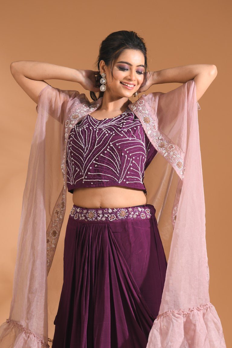 Morchari Co Ord Set With Long Jacket Hand Embroidery - Blue | Grocsy