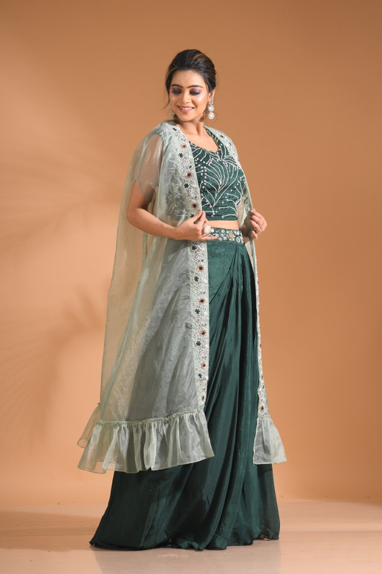 Morchari Co Ord Set With Long Jacket Hand Embroidery - Green | Grocsy