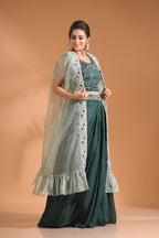 Morchari Co Ord Set With Long Jacket Hand Embroidery - Green | Grocsy