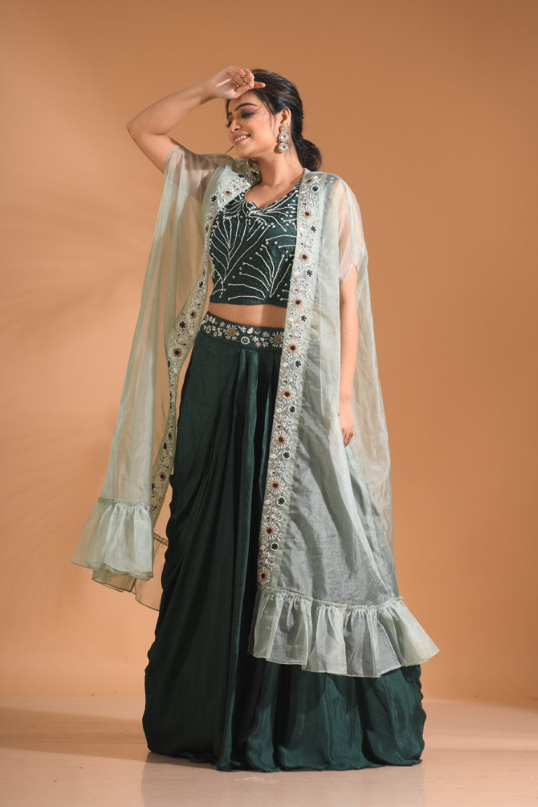 Morchari Co Ord Set With Long Jacket Hand Embroidery - Green | Grocsy