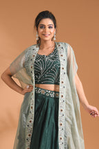 Morchari Co Ord Set With Long Jacket Hand Embroidery - Green | Grocsy