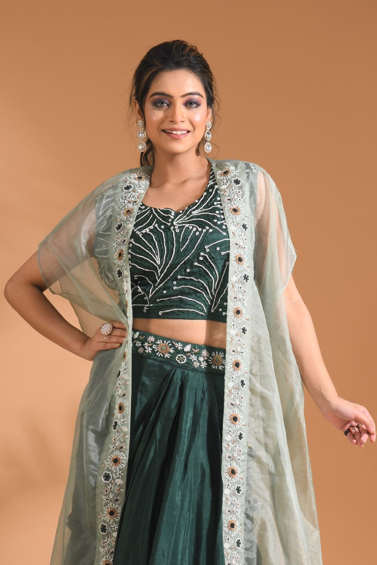 Morchari Co Ord Set With Long Jacket Hand Embroidery - Green | Grocsy