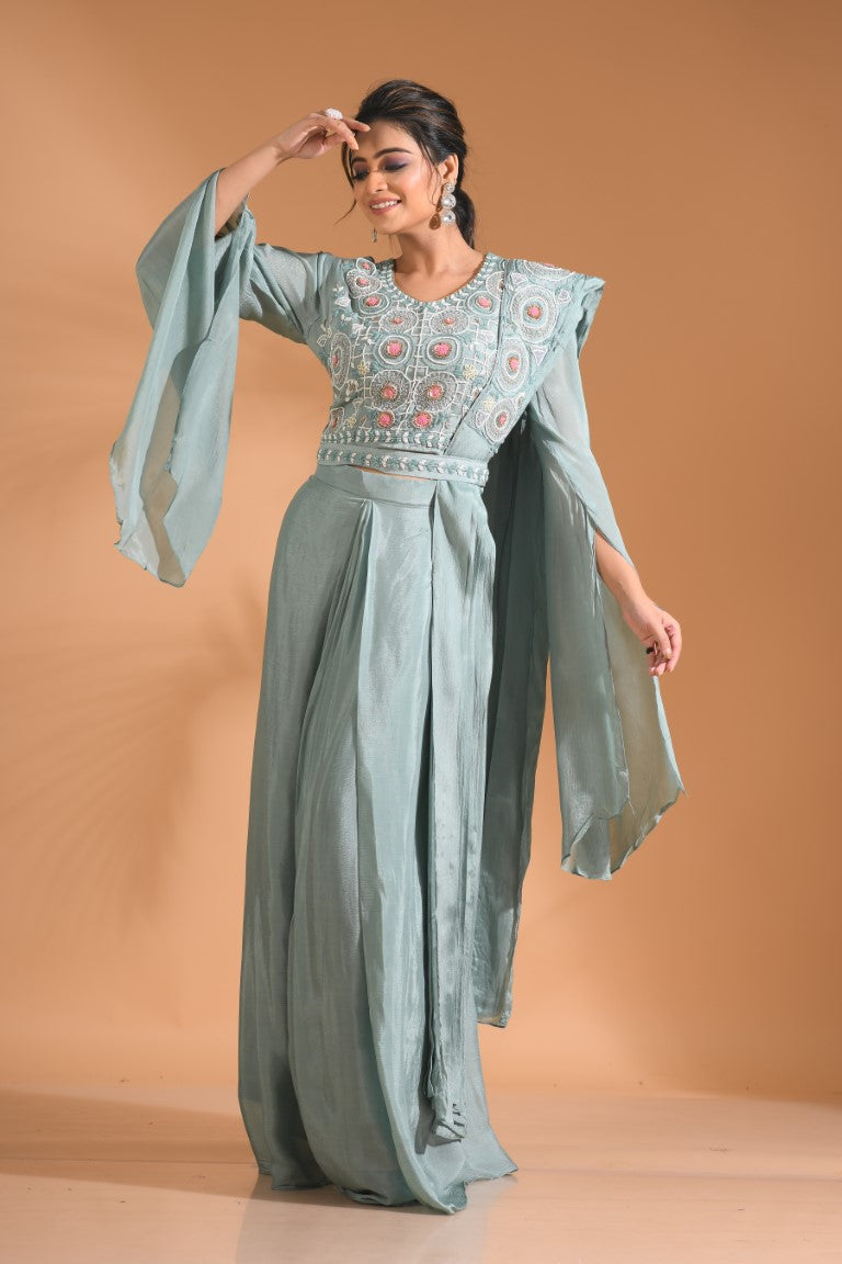 Morchari Co Ord Set With Dupatta Hand Embroidery - Blue | Grocsy