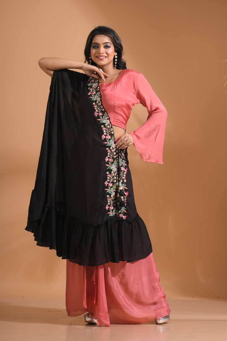 Morchari Crop Top With Dupatta Hand Embroidery - Peach | Grocsy