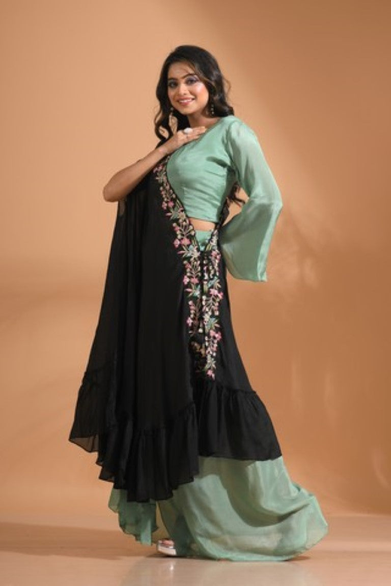 Morchari Crop Top With Dupatta Hand Embroidery - Green | Grocsy