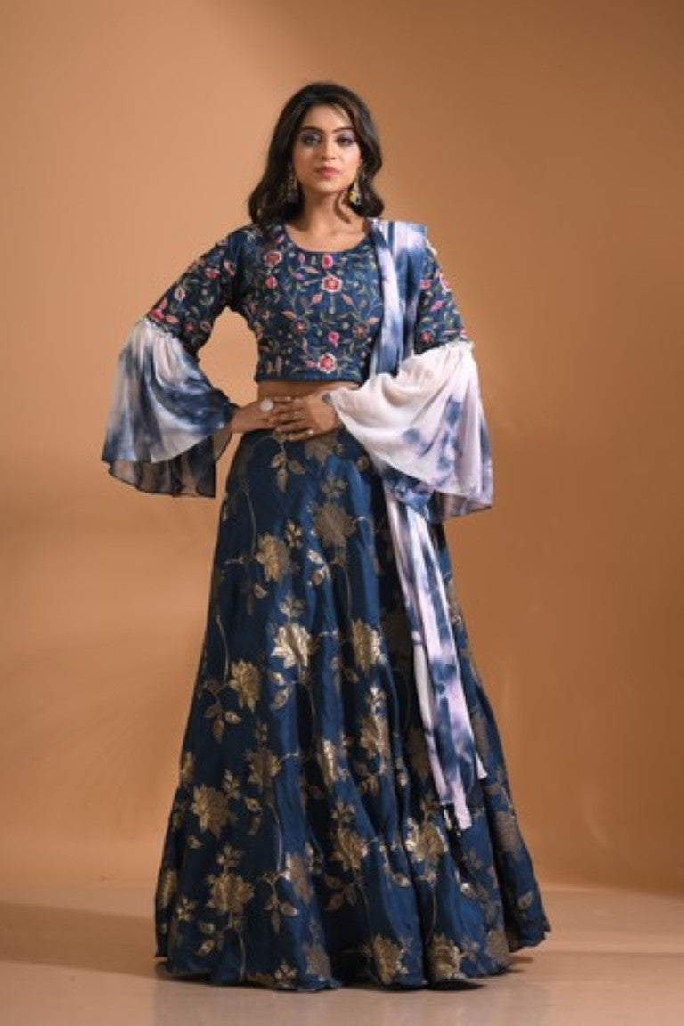 Morchari Crop Top With Tie & Dye Dupatta Hand Embroidery - Blue | Grocsy