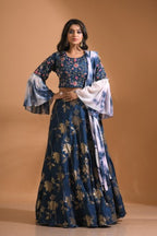 Morchari Crop Top With Tie & Dye Dupatta Hand Embroidery - Blue | Grocsy