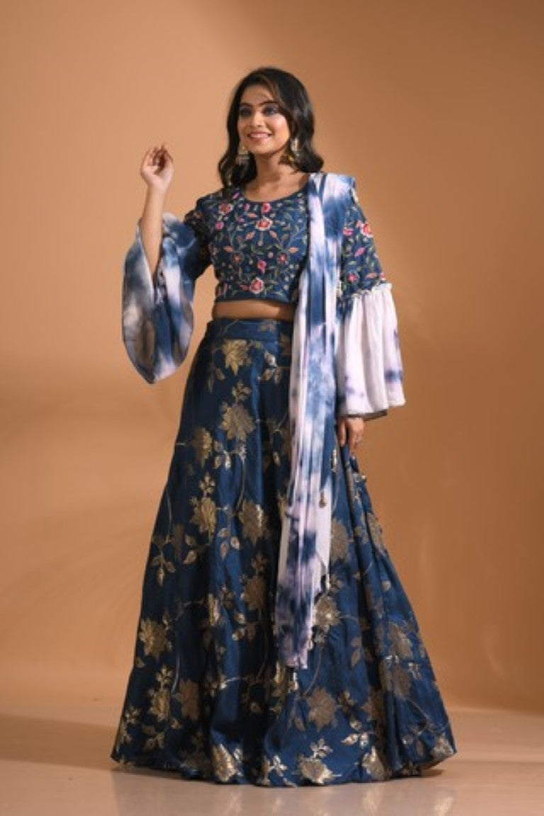 Morchari Crop Top With Tie & Dye Dupatta Hand Embroidery - Blue | Grocsy