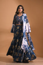 Morchari Crop Top With Tie & Dye Dupatta Hand Embroidery - Blue | Grocsy