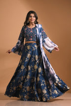 Morchari Crop Top With Tie & Dye Dupatta Hand Embroidery - Blue | Grocsy