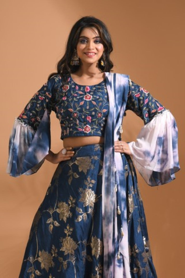 Morchari Crop Top With Tie & Dye Dupatta Hand Embroidery - Blue | Grocsy