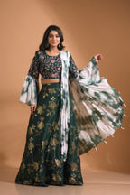 Morchari Crop Top With Tie & Dye Dupatta Hand Embroidery - Green | Grocsy
