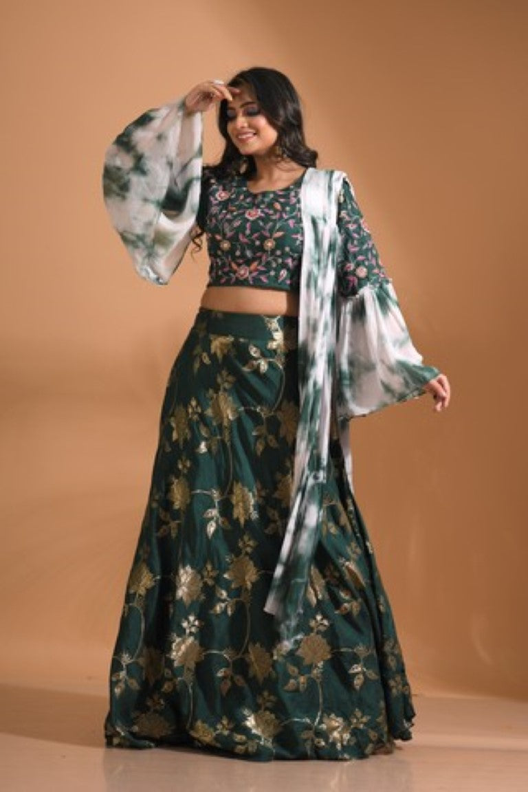 Morchari Crop Top With Tie & Dye Dupatta Hand Embroidery - Green | Grocsy