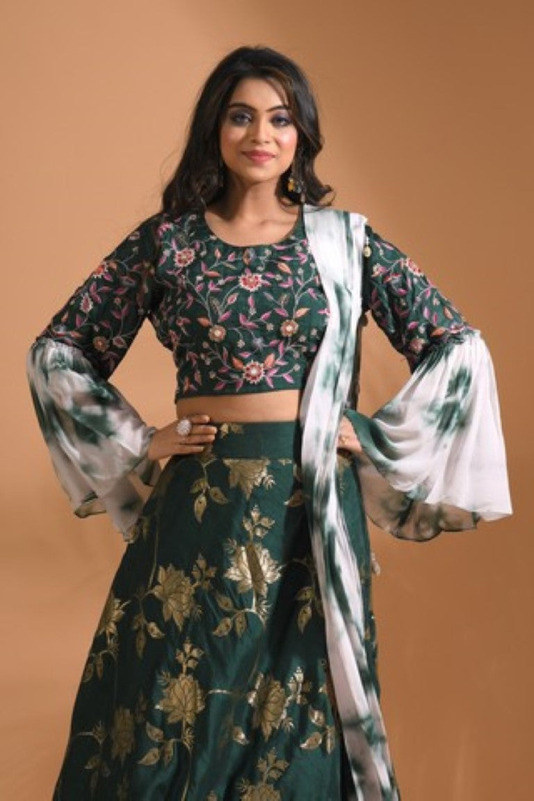 Morchari Crop Top With Tie & Dye Dupatta Hand Embroidery - Green | Grocsy