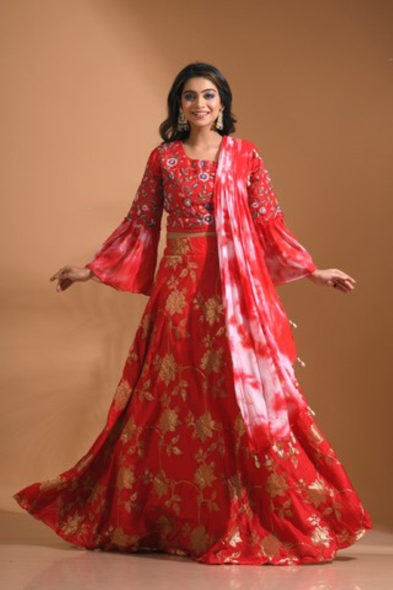 Morchari Crop Top With Tie & Dye Dupatta Hand Embroidery - Red | Grocsy