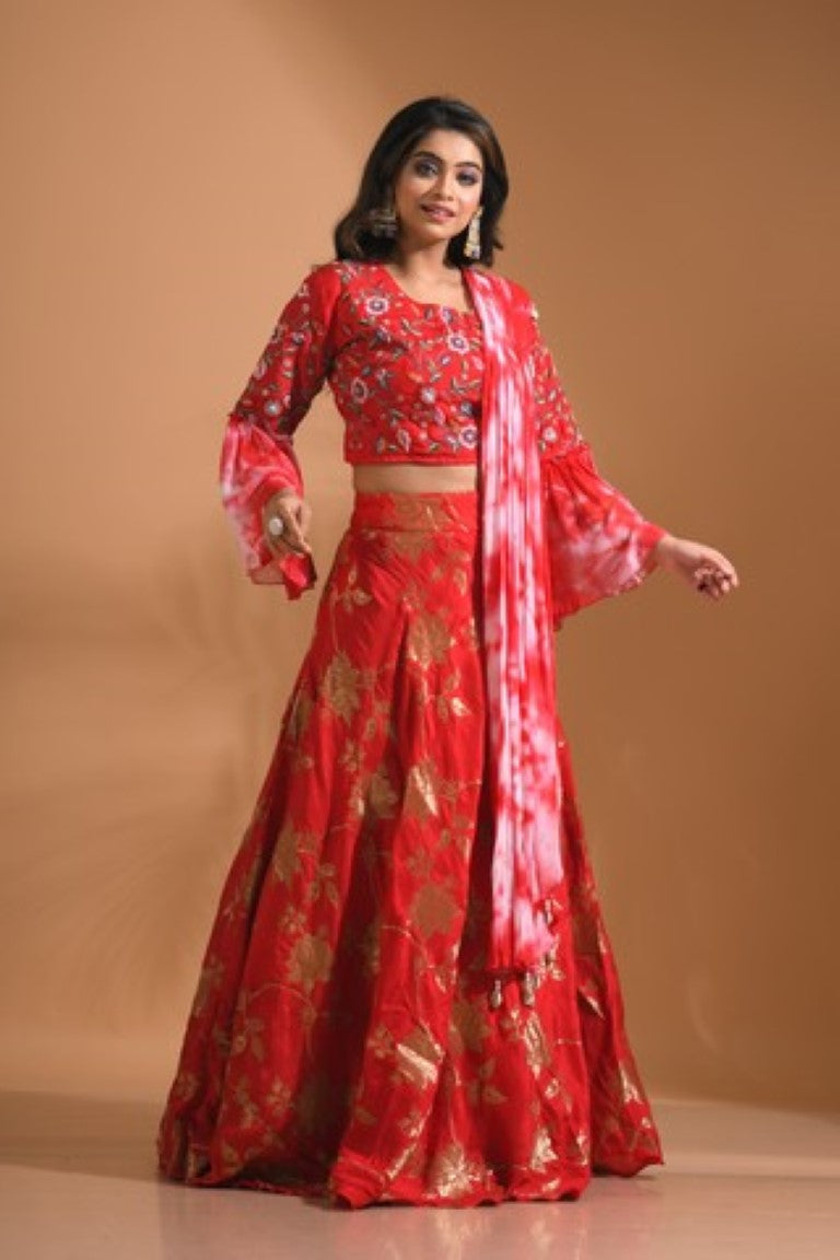 Morchari Crop Top With Tie & Dye Dupatta Hand Embroidery - Red | Grocsy