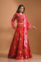 Morchari Crop Top With Tie & Dye Dupatta Hand Embroidery - Red | Grocsy