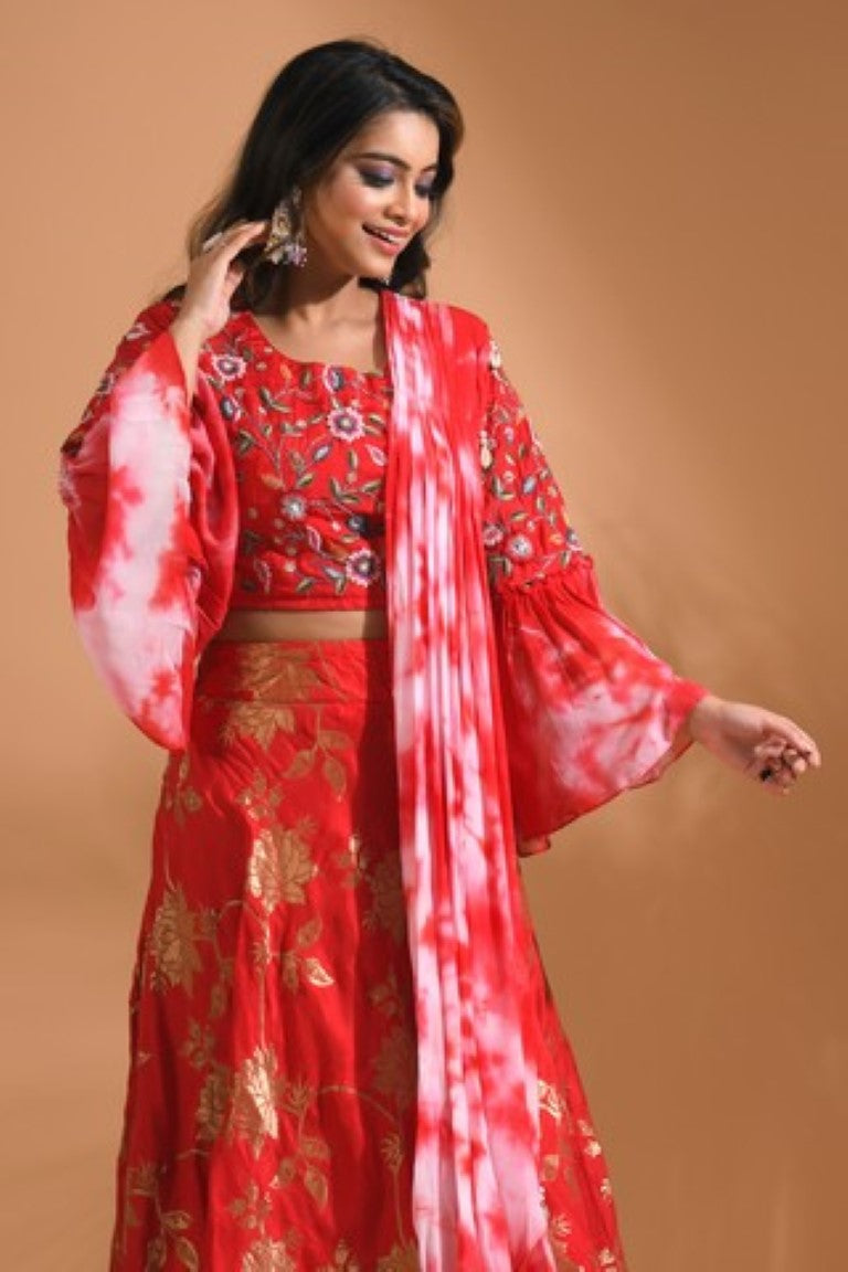 Morchari Crop Top With Tie & Dye Dupatta Hand Embroidery - Red | Grocsy