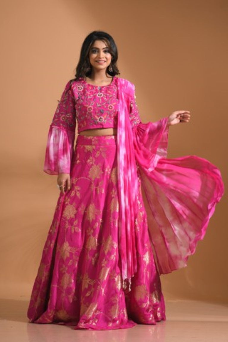 Morchari Crop Top With Tie & Dye Dupatta Hand Embroidery - Pink | Grocsy
